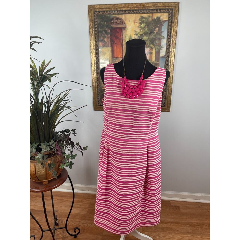 Tommy Hilfiger A-Line Dress Women 12 Pink White Stripe Pleated Coastal Nautical